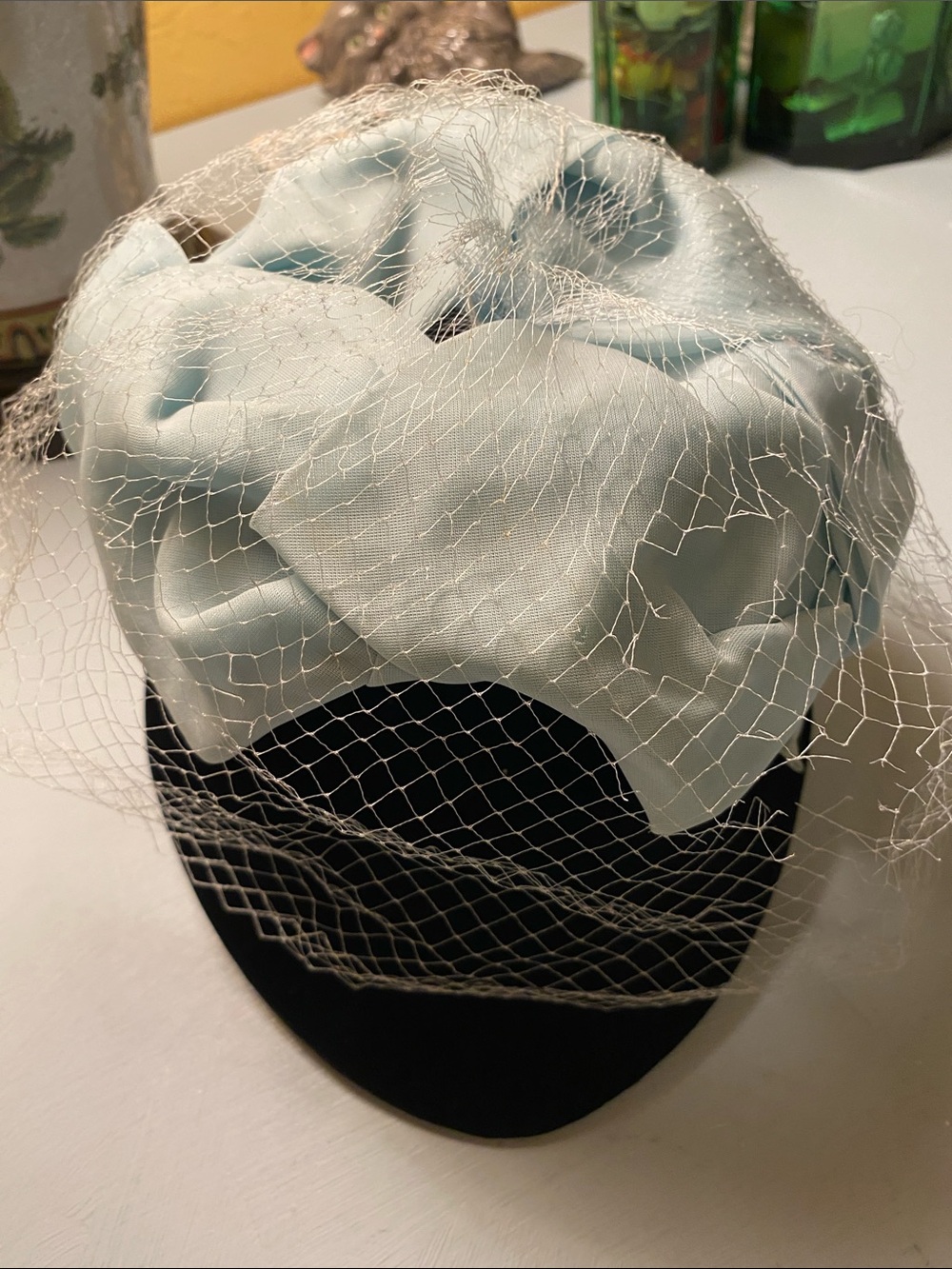 Vintage Clover Lane Powder Blue Chiffon Pillbox Hat With Veil